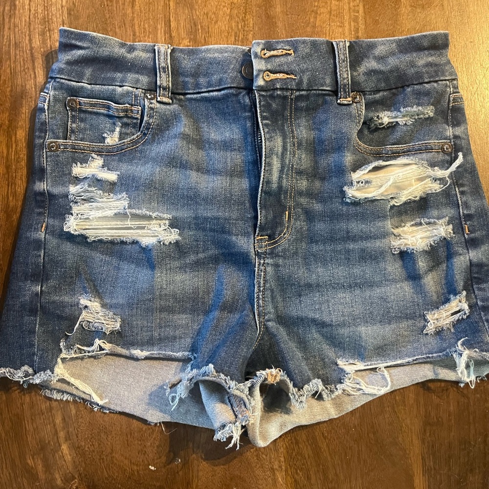 American Eagle Outfitters Distressed Blue High-Rise Denim Shorts